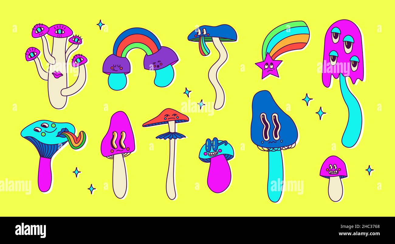 Set of classic psychedelic cartoon mushrooms with faces, eyes, tongues and cheeks. Cute vector neon multicolor illustration for design. Hallucinatory Stock Vector