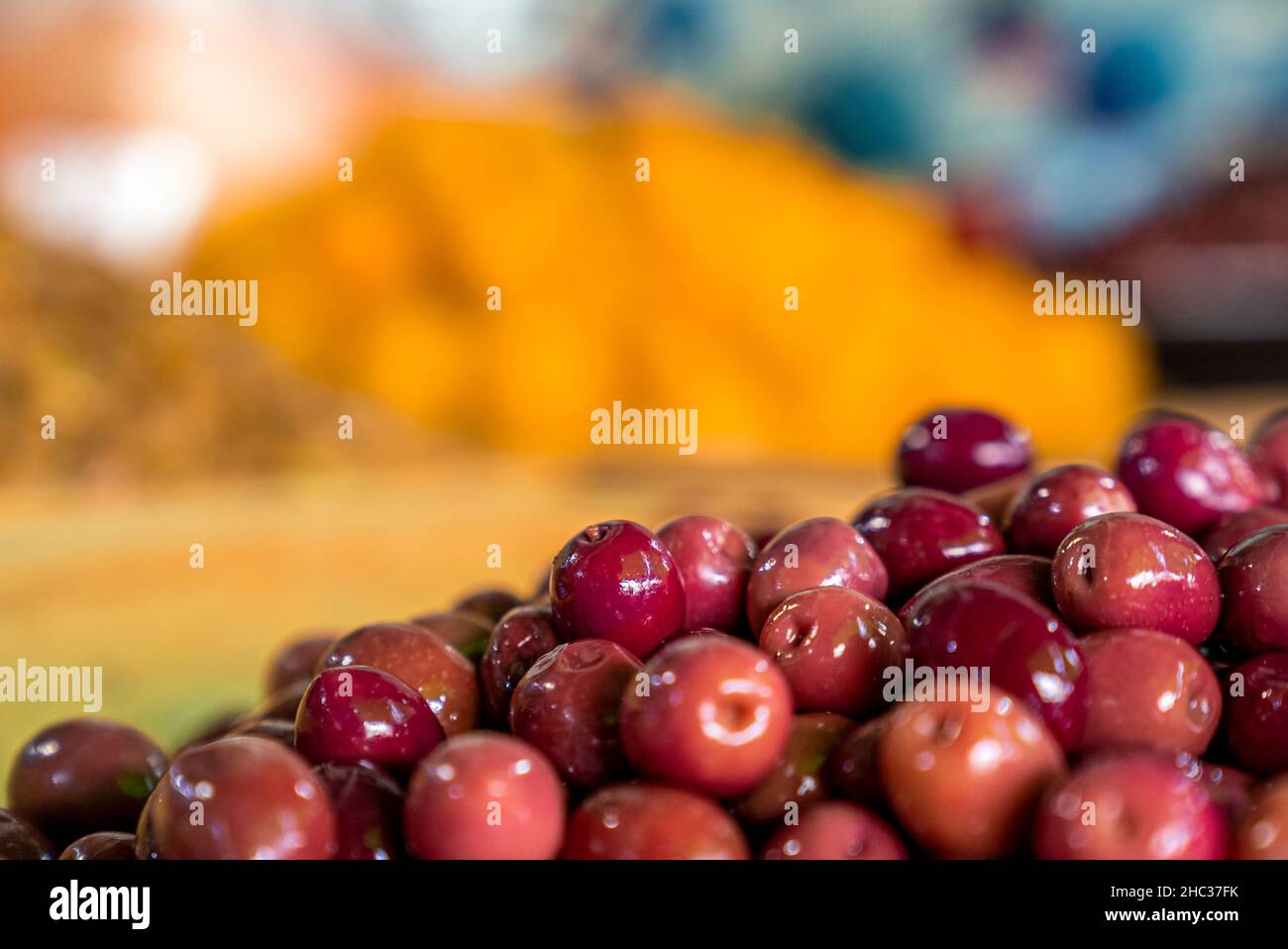 Pile of argan nuts and seeds for selling on street marketplace Stock