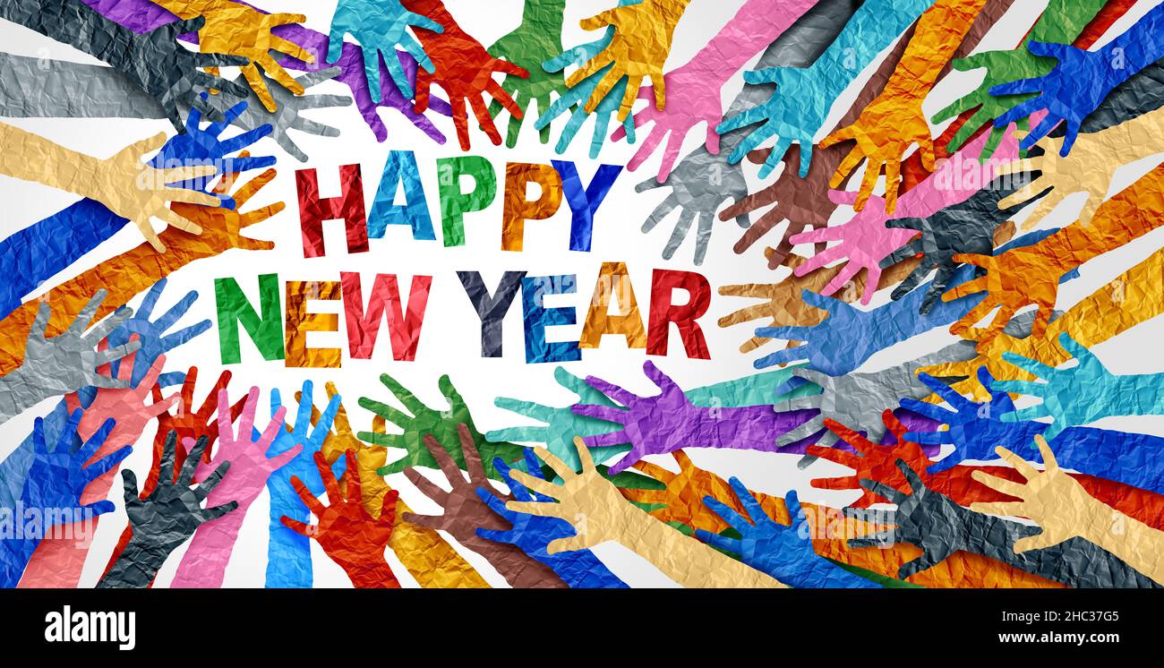World Happy New Year diversity as international cultures celebrating a winter Holiday as a concept of positive diversity celebration of newyears eve. Stock Photo