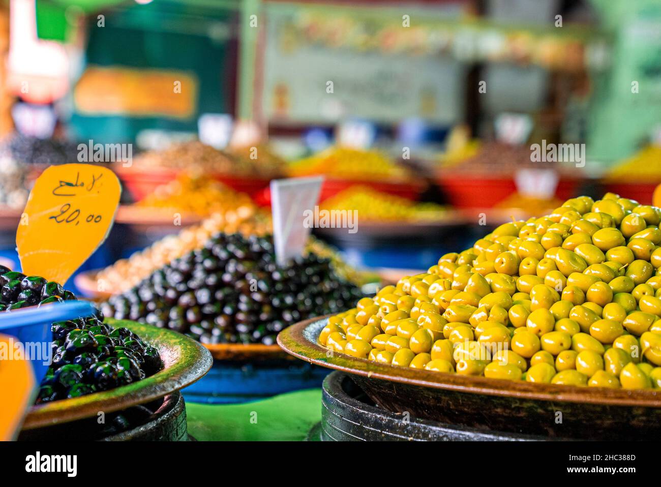 Pile of argan nuts and seeds for selling on street marketplace Stock