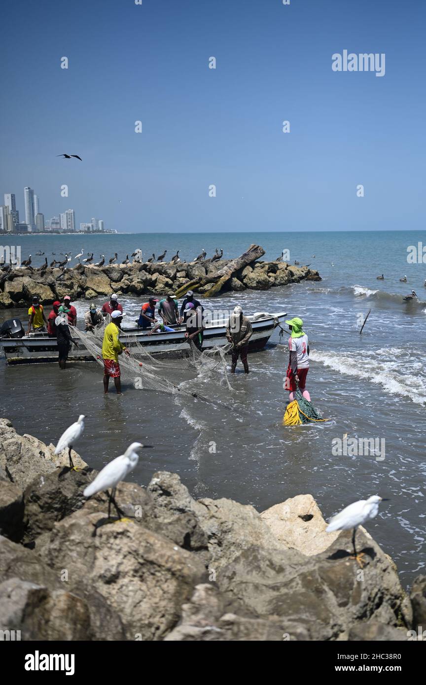 Fishermen working on Bocagrande beach in Cartagena de Indias, Colombia Stock Photo