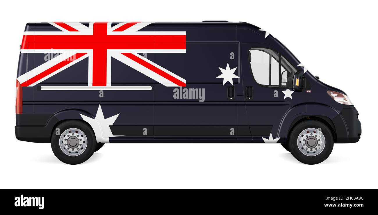 Australian flag painted on commercial delivery van. Freight delivery in Australia, concept. 3D rendering isolated on white background Stock Photo