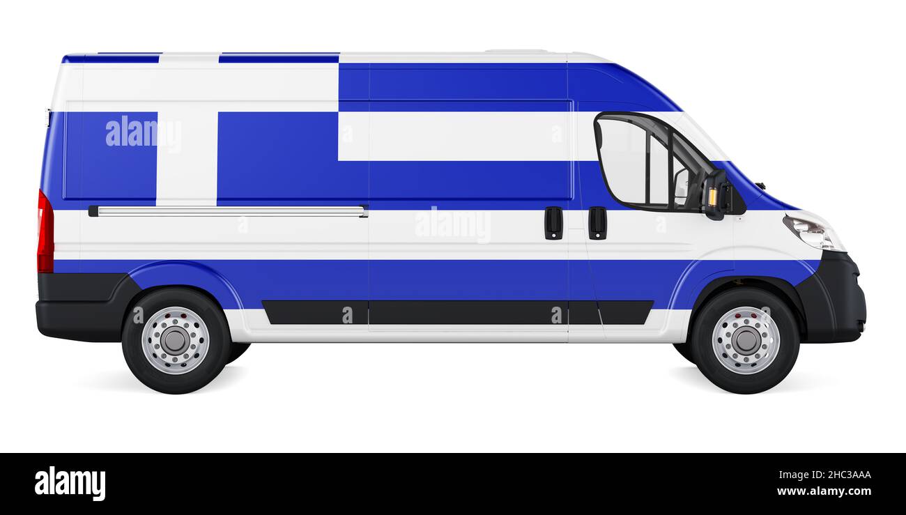 Greek flag painted on commercial delivery van. Freight delivery in Greece, concept. 3D rendering isolated on white background Stock Photo