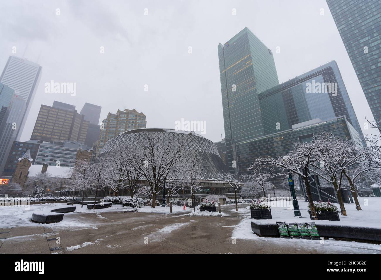 Toronto, Ontario, Canada - December 18 2021 : David Pecaut Square in a snowy winter day. Toronto skyscrapers skyline in the background. Stock Photo