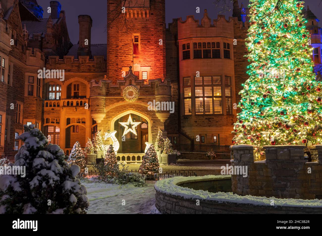 Casa Loma winter night illumination. historic castle in Toronto city. Ontario, Canada. Stock Photo