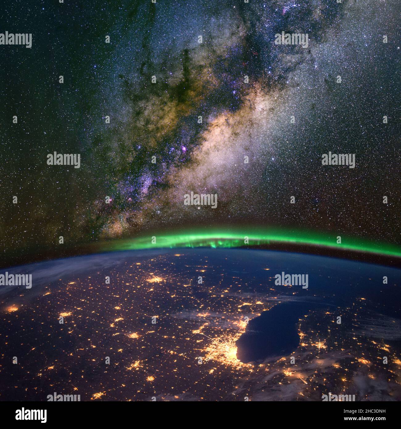 Chicago and lake Michigan from space with the Aurora Borealis. Elements
