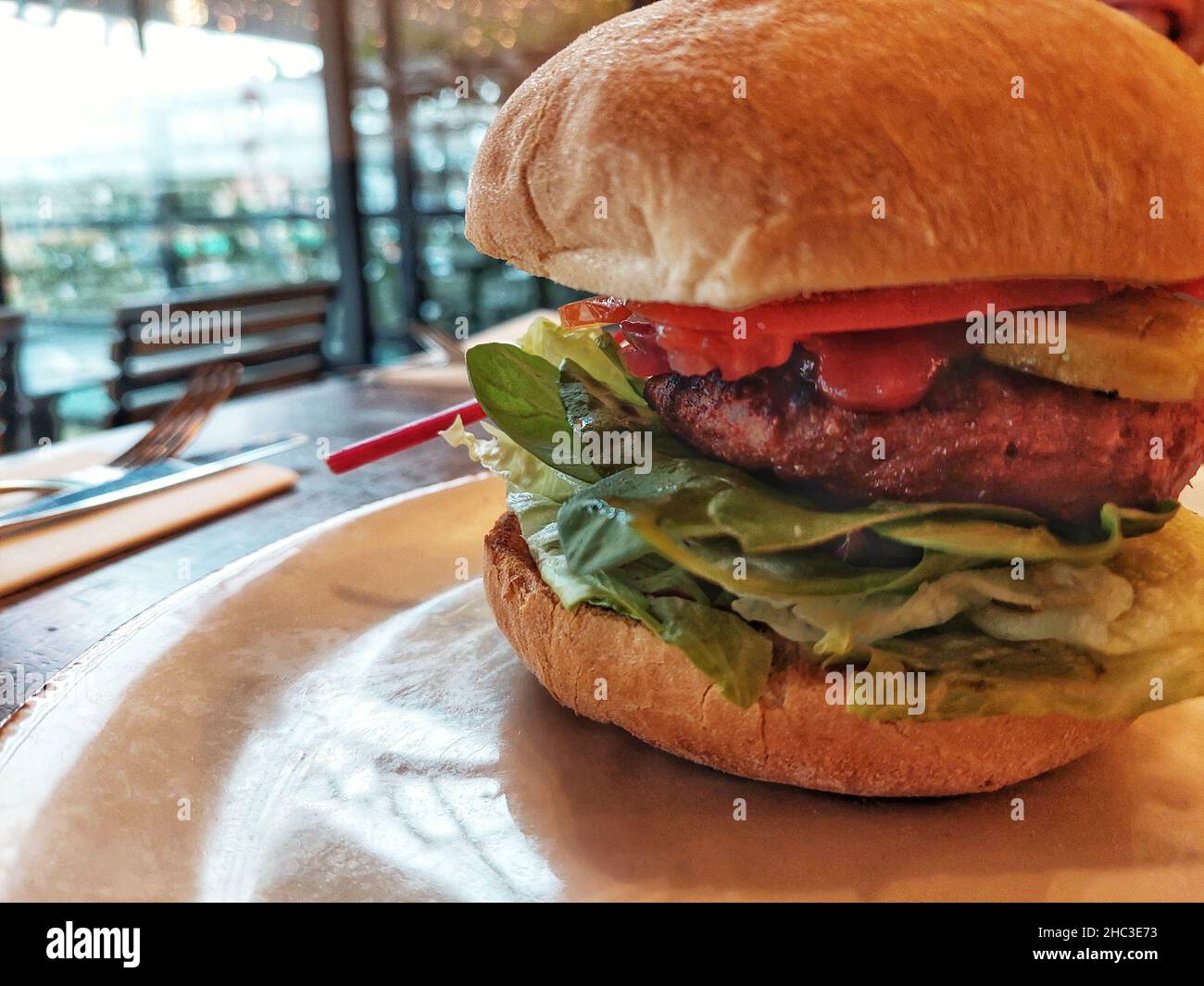 Vegan hamburger in closeup Stock Photo Alamy