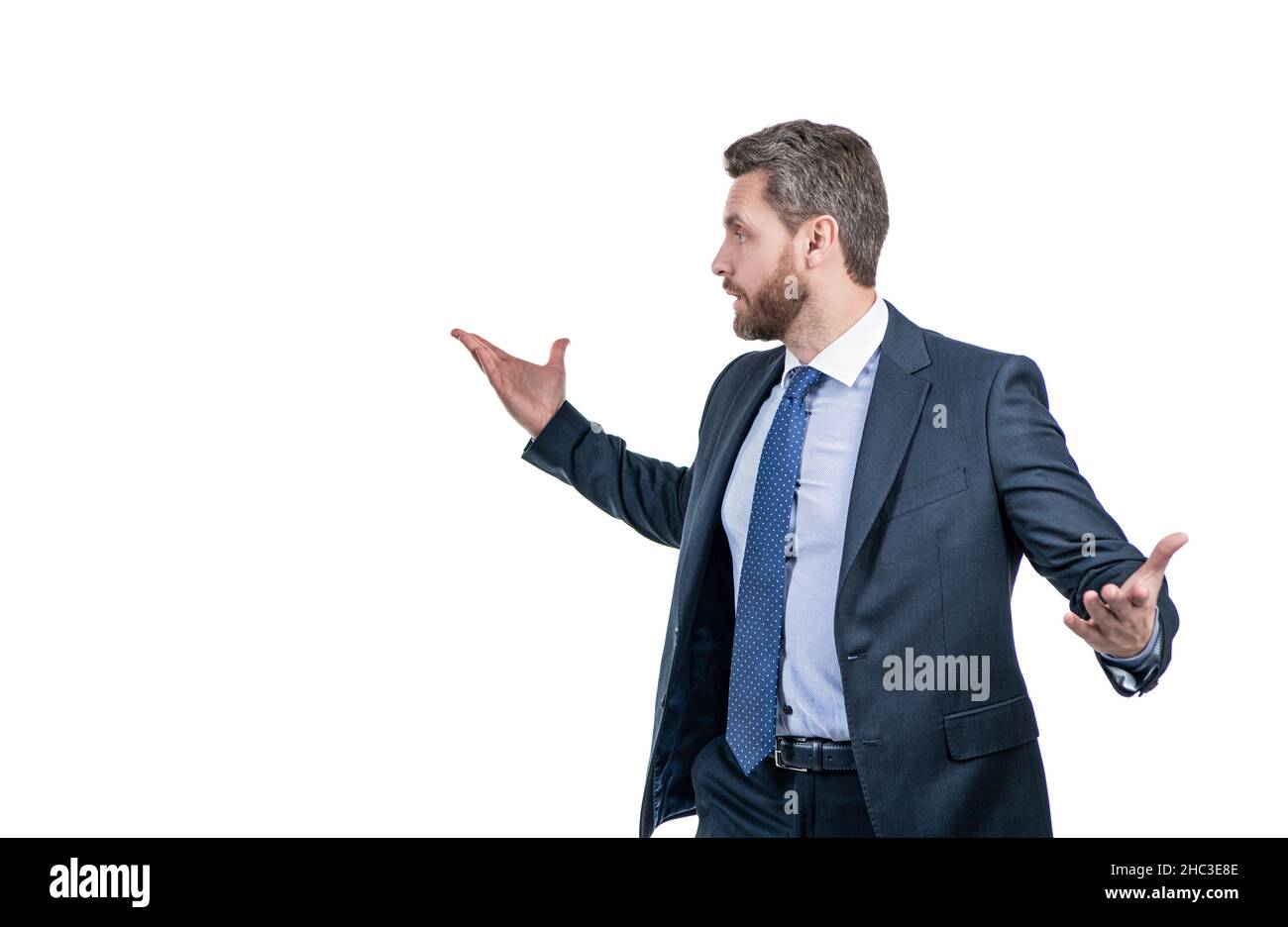 Gesticulating wildly. Businessman hold arms wide open gesticulating. Man with wide hand gesture Stock Photo