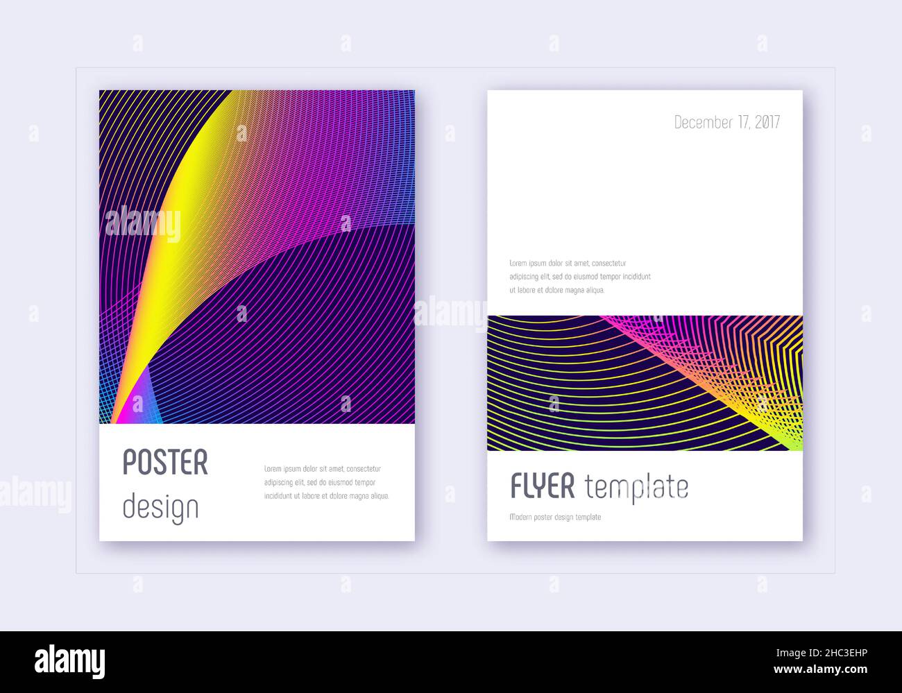 Minimalistic cover design template set. Rainbow abstract lines on dark ...