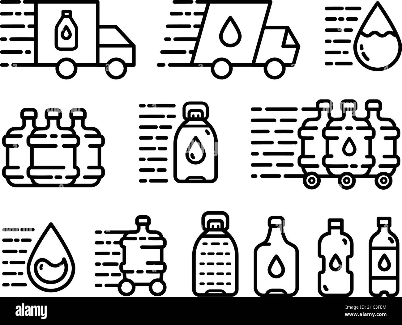 Water delivery line icons collection. Outline set of bottled water ...