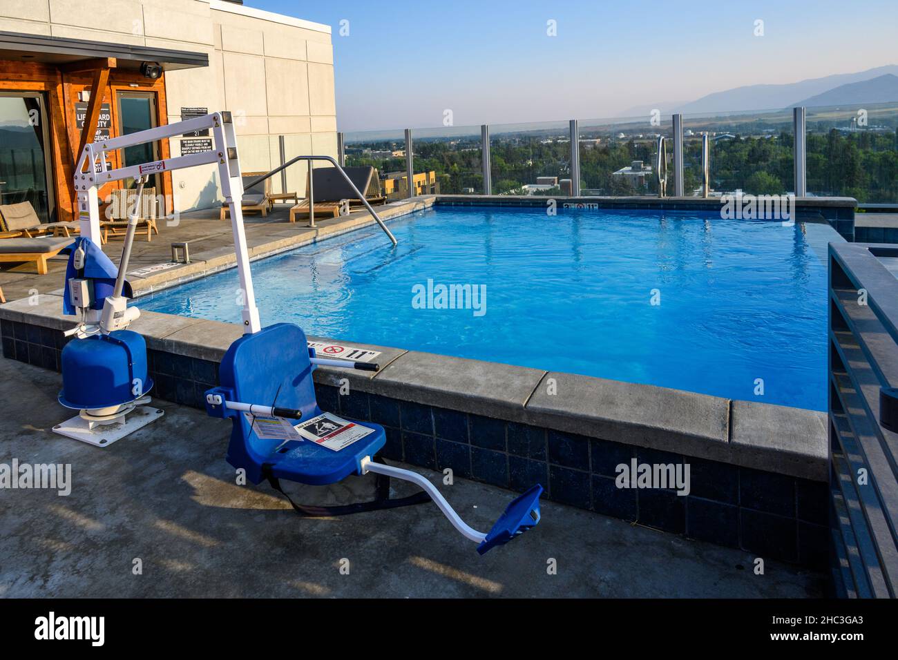 BOZEMAN, MONTANA, USA JULY 17, 2021 Armory Hotel rooftop pool with