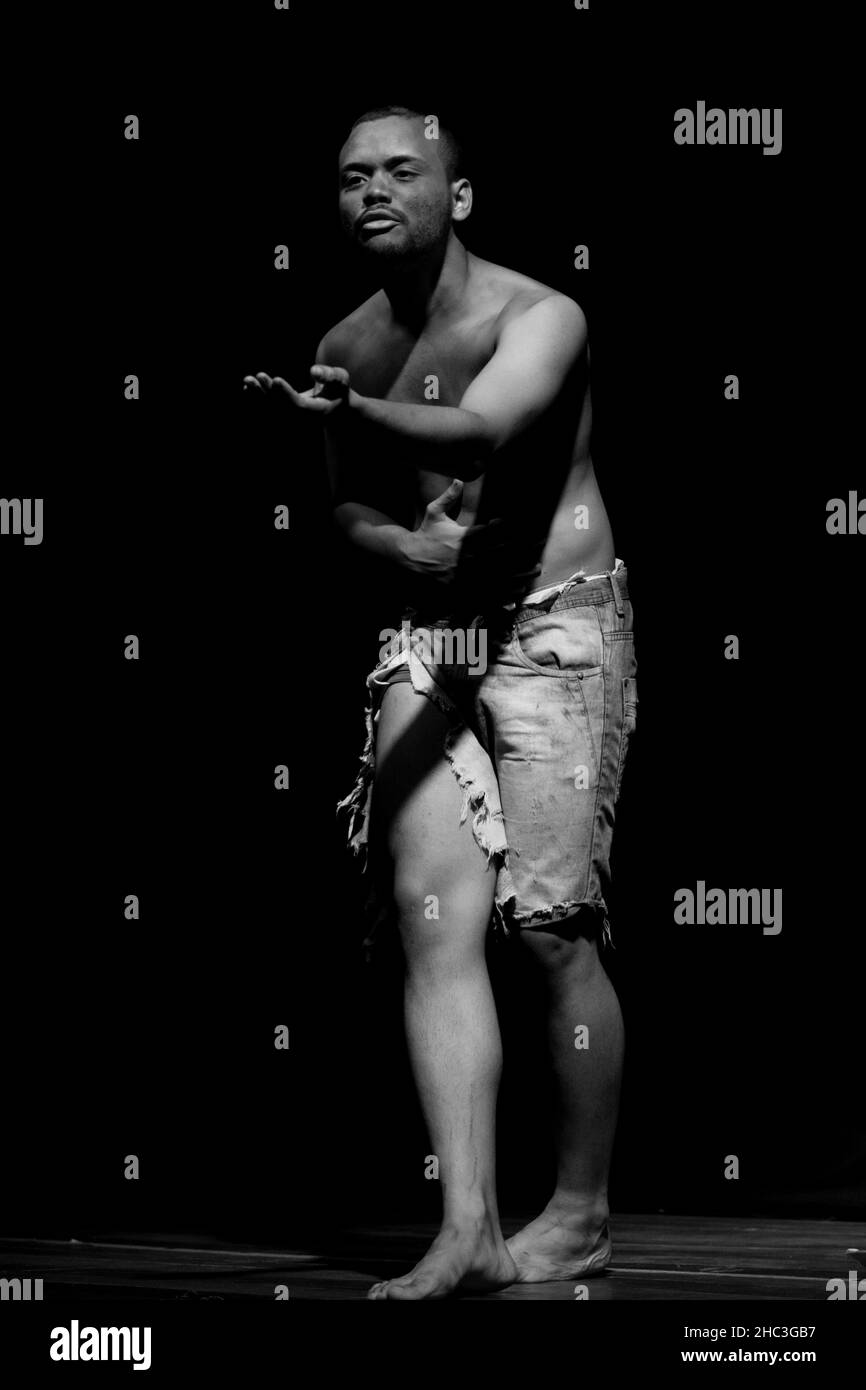 Actor on stage represents a dramatic character. Scene in a theater in ...