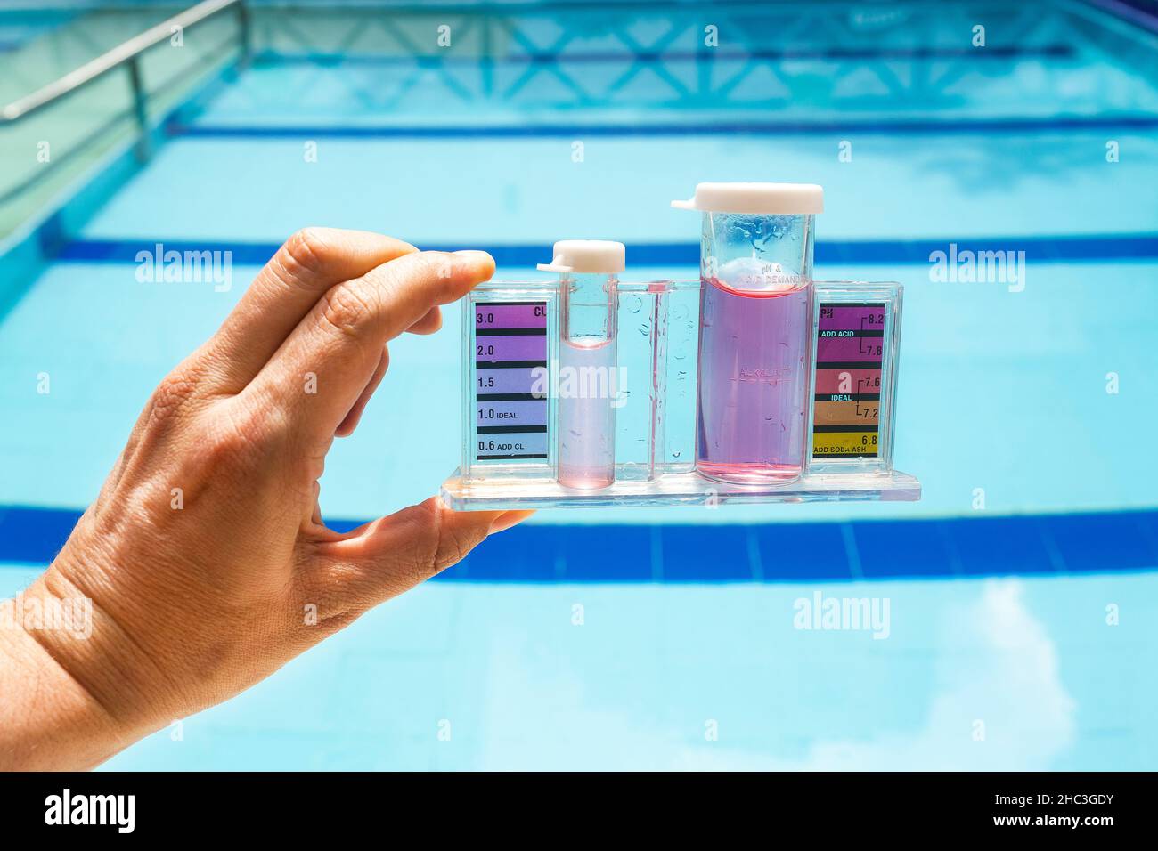 Hand holding mini water test kit on pool bottom. Reagent for colorimetric test Stock Photo Alamy