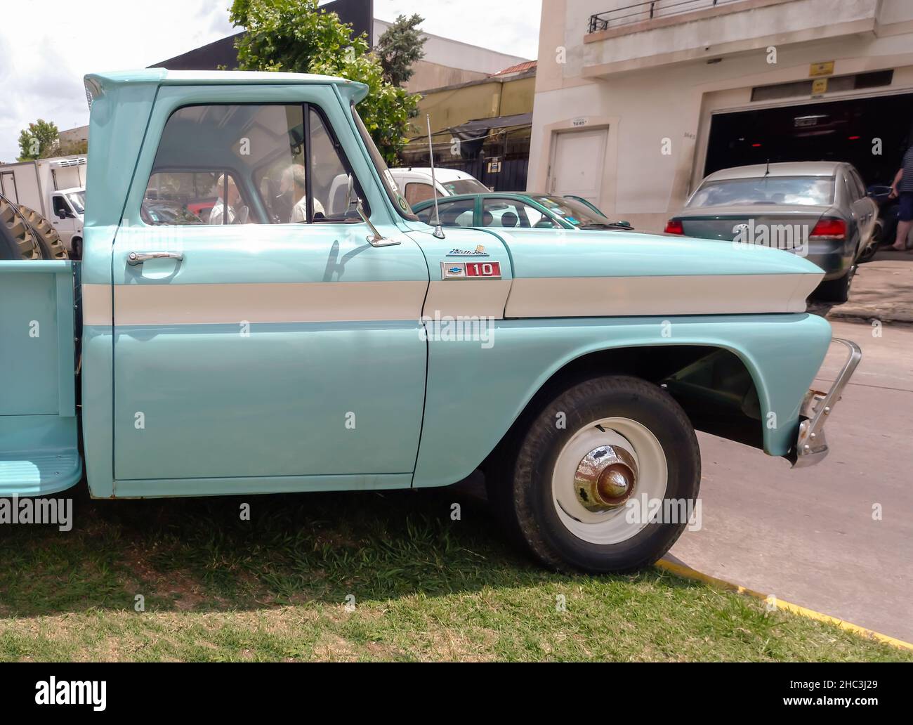 Lomas de Zamora, Argentina - Dec 4, 2021 - old Chevrolet Chevy C10 Apache Brava pickup truck late 1960s by GM Argentina. Side view. Cab and nose. CADE Stock Photo