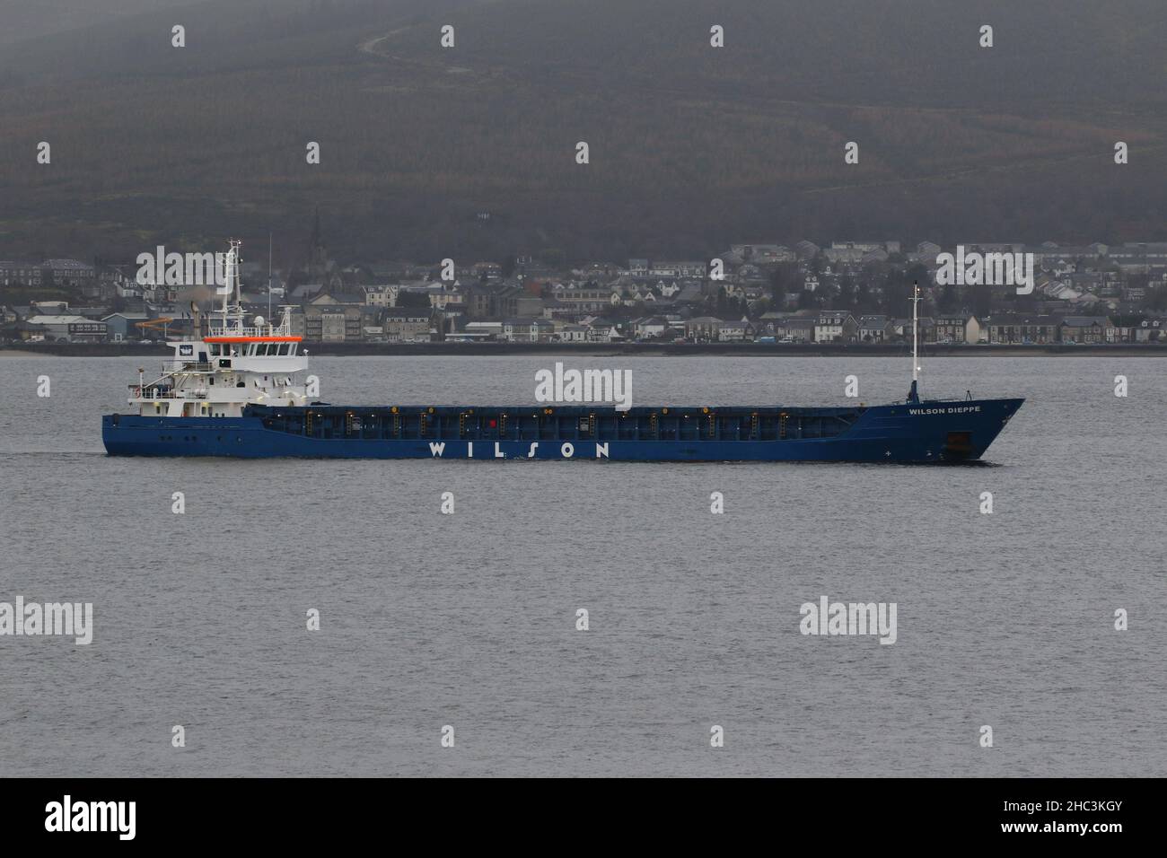 Wilson Dieppe, a general cargo vessel operated by Wilson Shipping, passing Gourock on the Firth of Clyde, Scotland. Stock Photo