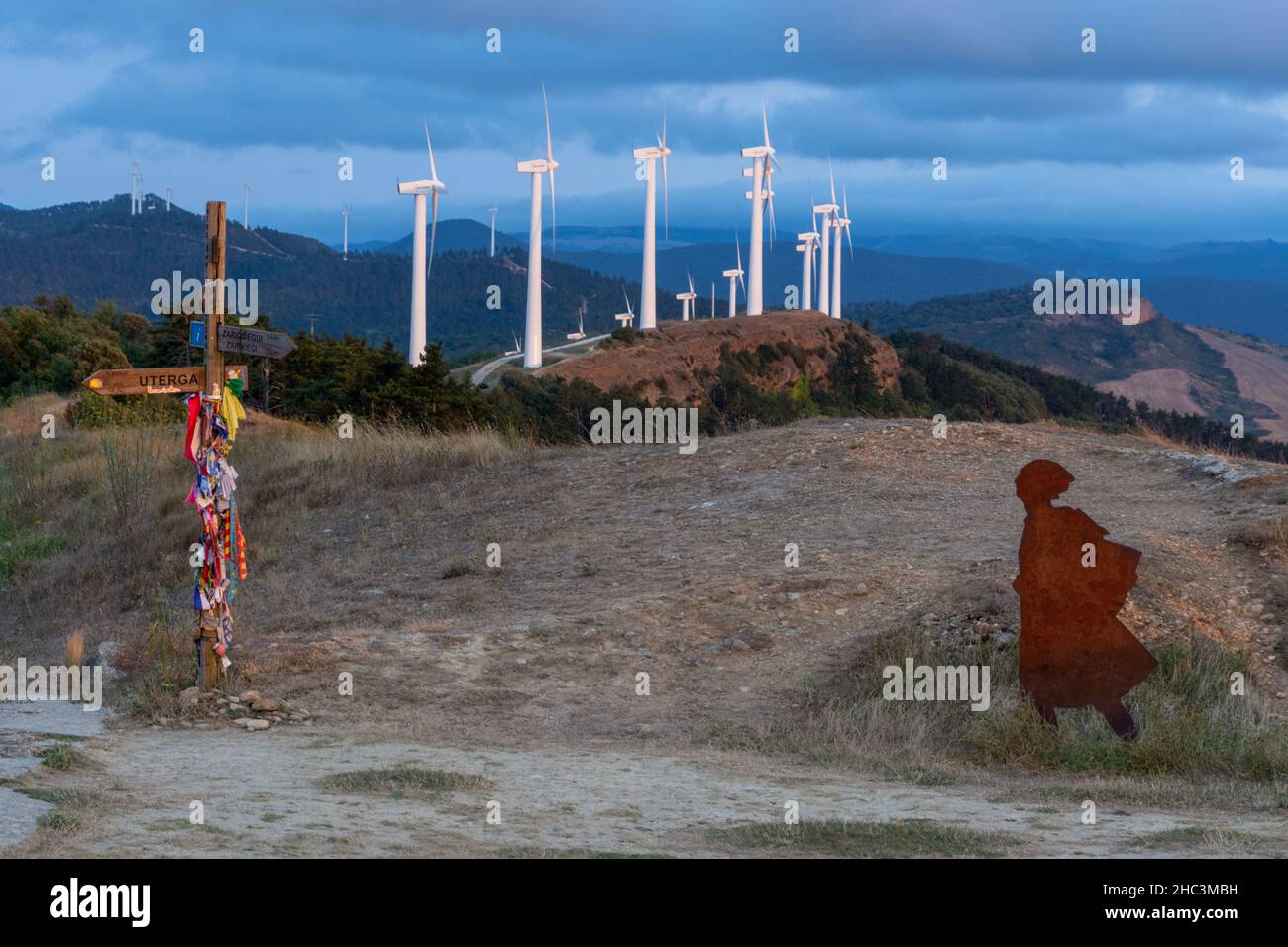 View of windmills from Alto de Perdon on the Camino de Santiago Stock Photo