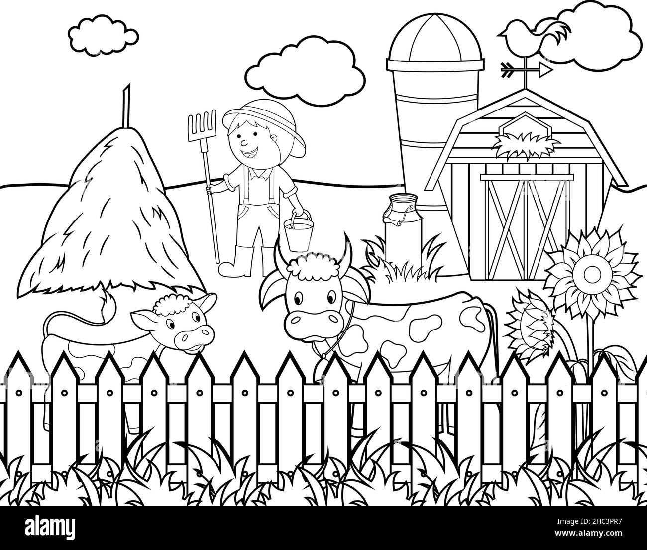 Coloring book for kids. Happy farm, cows on the farm, barn and farmer. Vector isolated on a white background Stock Vector