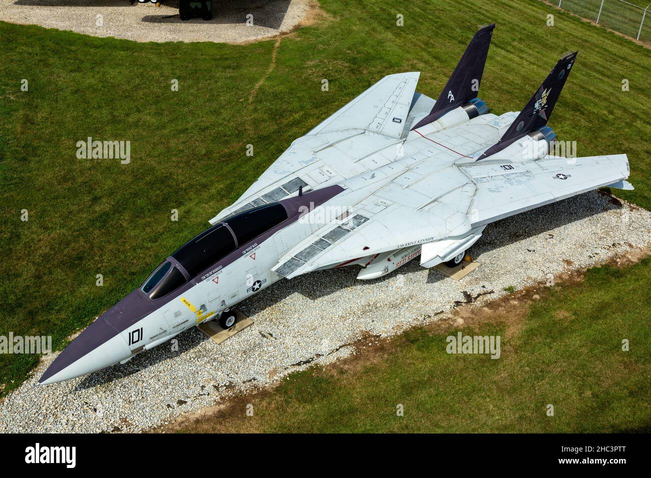 A supersonic United States Navy Grumman F-14 Tomcat on permanent static display at the Grissom Air Museum in Bunker Hill, Indiana, USA. Stock Photo