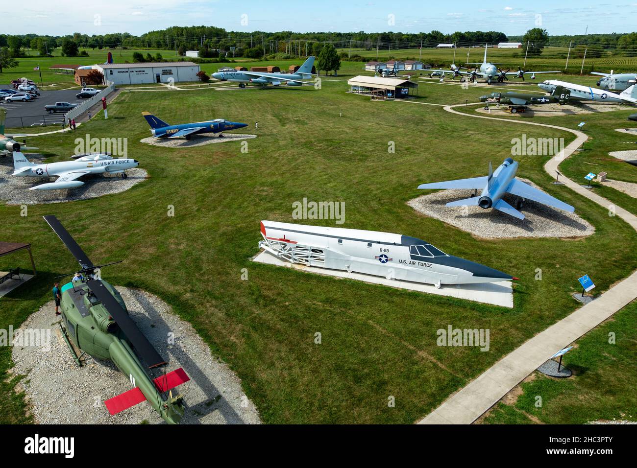 Several of the retired military aircraft on permanent static display at the Grissom Air Museum in Bunker Hill, Indiana, USA. Stock Photo