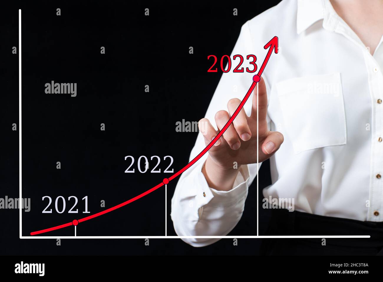 A businessman points his hand on an arrow chart with high growth rates in 2023 versus 2021 and 2022. The woman plans to increase financial performance Stock Photo
