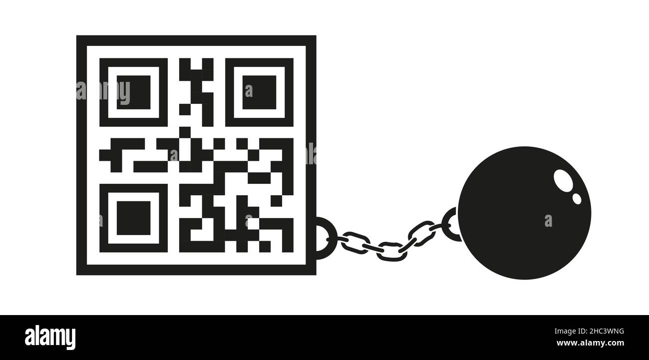 Vector icon of QR code with metal shackles. Vector illustration of digital prison with shackles. Stock Vector