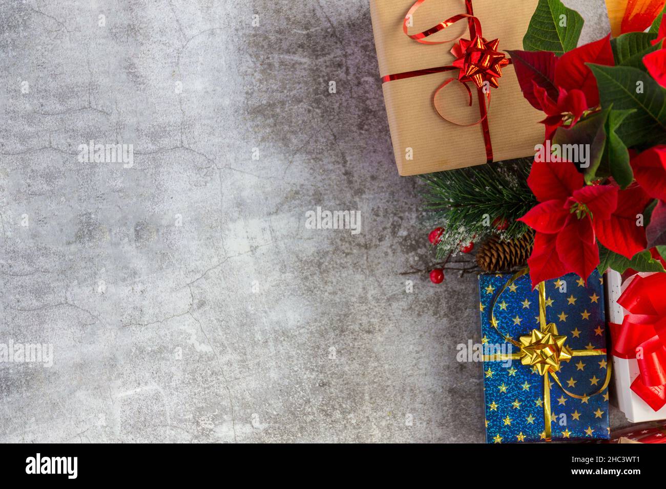 Christmas gifts top view, christmas decoration, copy space Stock Photo