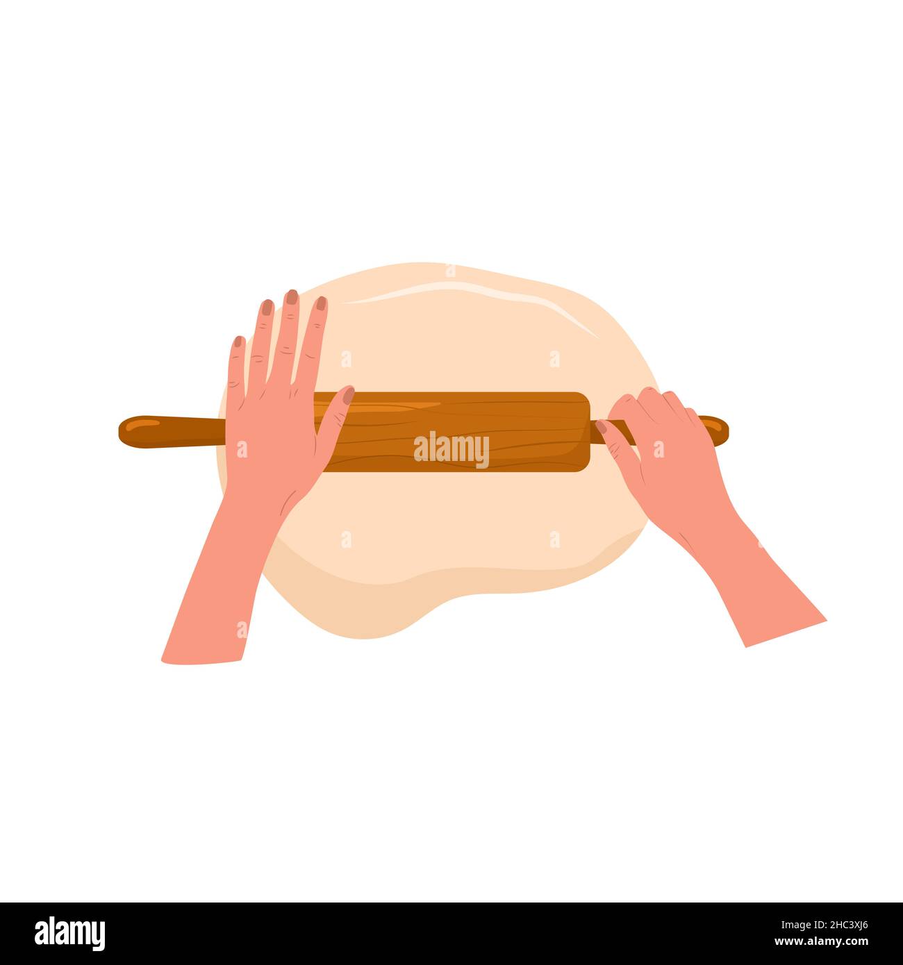 Kneading dough hands. Woman rolls homemade dough with rolling pin. Top