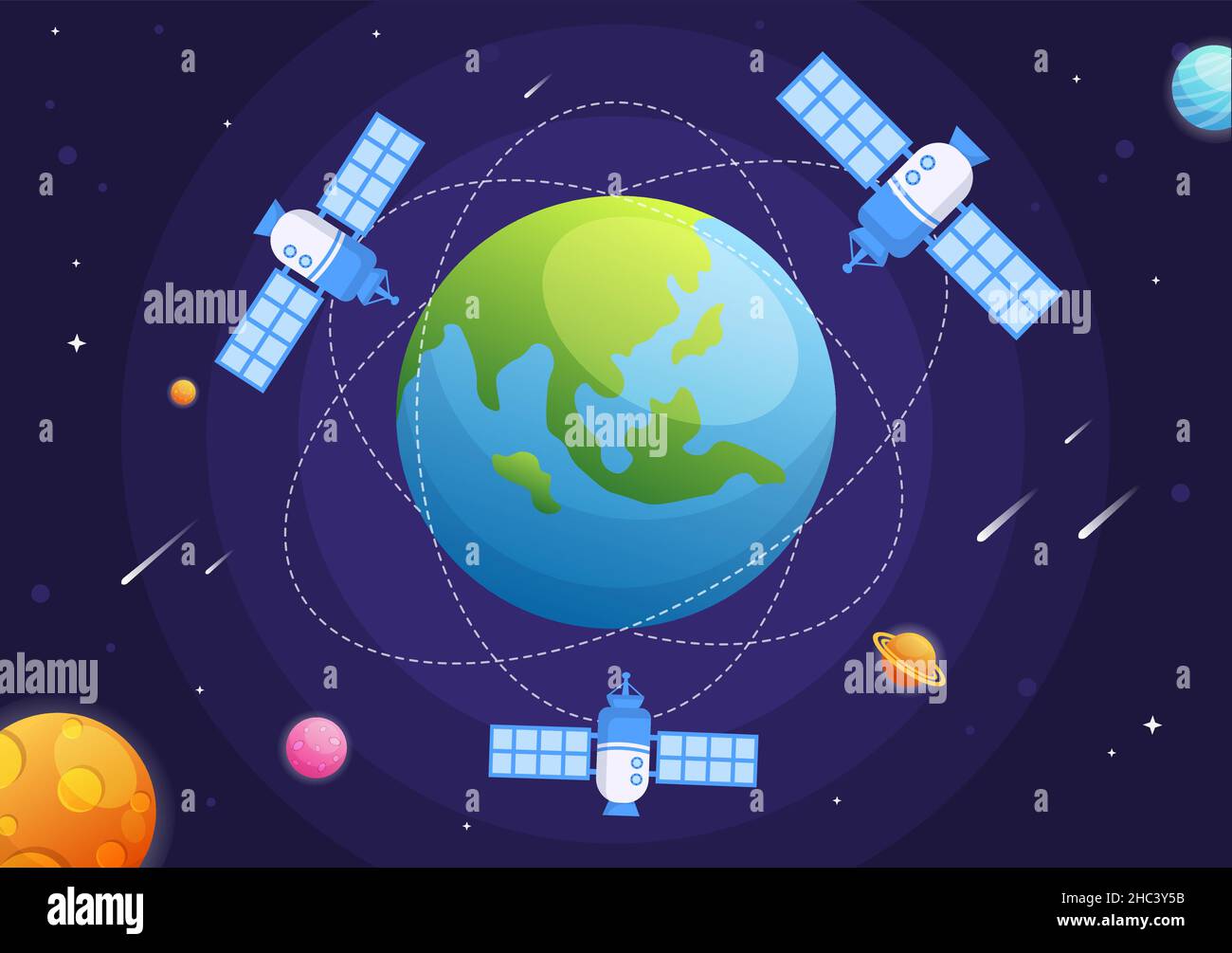 Artificial Satellites Orbiting the Planet Earth with Wireless Technology Global 5G Internet Network Satellite Communication in Background Illustration Stock Vector