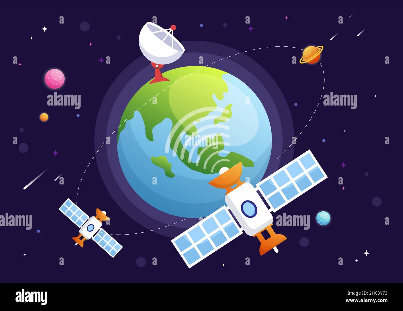 Artificial Satellites Orbiting the Planet Earth with Wireless Technology Global 5G Internet Network Satellite Communication in Background Illustration Stock Vector