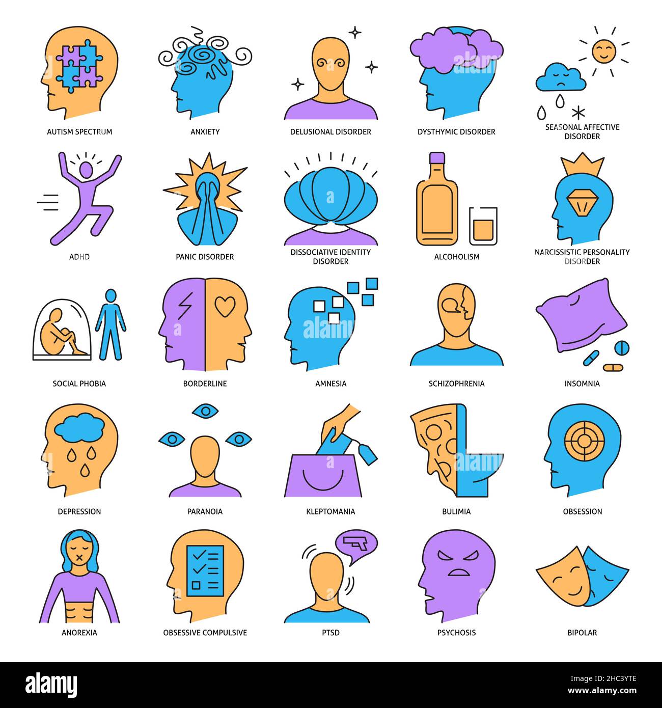 Mental illness icon set in line style. Psychological problems and ...