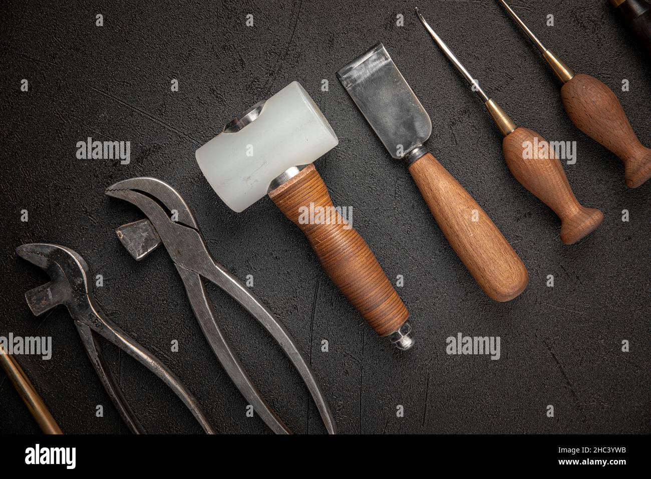 Set of leather craft cobbler tools Stock Photo