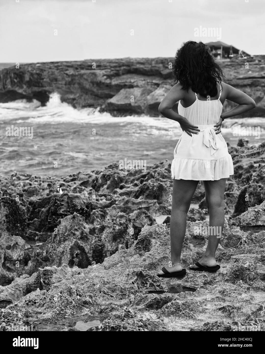 Vertical grayscale shot of a female in a dress watching the sea Stock Photo