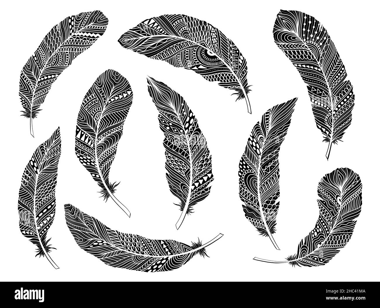 Tribal Feathers decoration set. Ethnic boho style hand drawing Stock ...