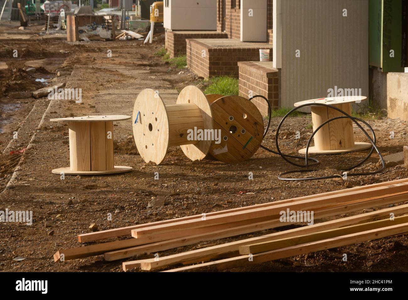 Wooden cable reels hi-res stock photography and images - Alamy