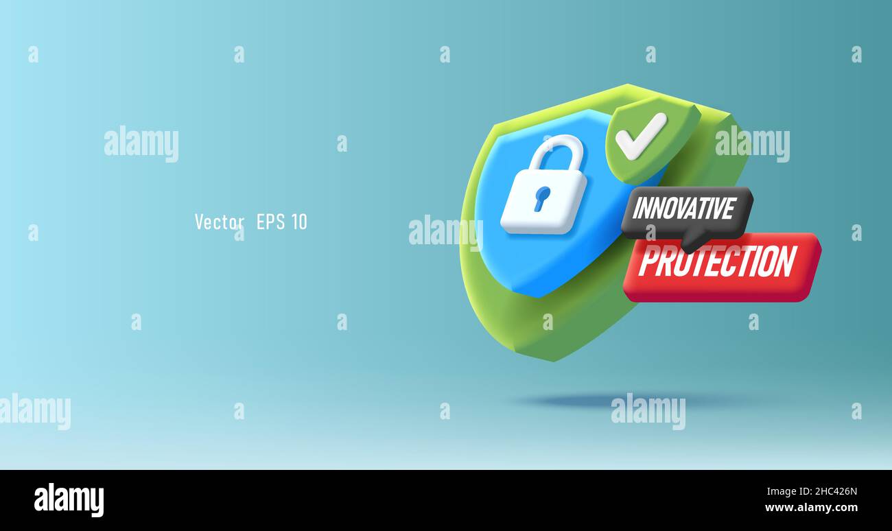 Green shield with padlock and speech bubbles labels for innovative security protection, 3d digital composition Stock Vector