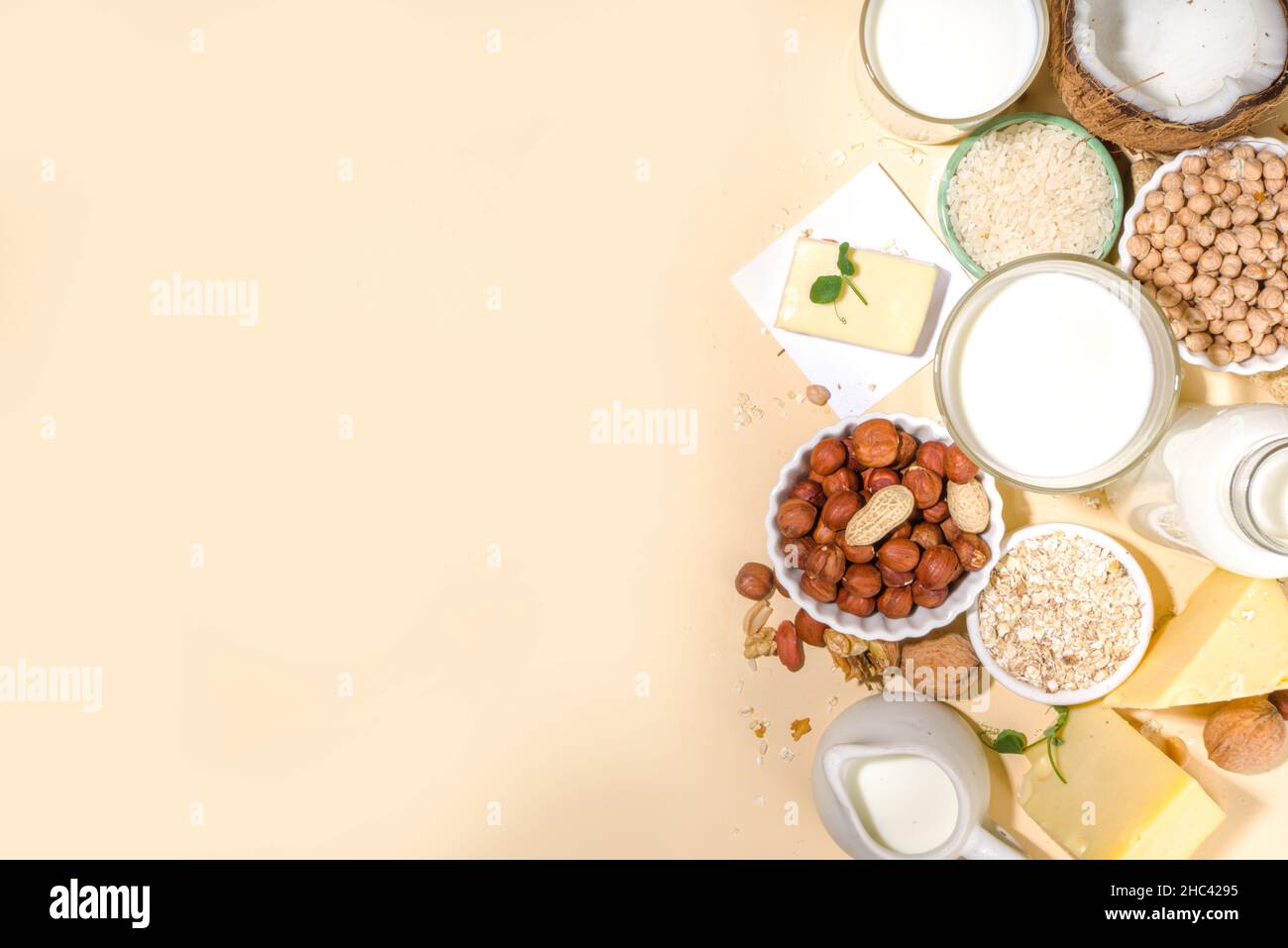 Vegan nondairy products. Plantbased alternative dairy products milk