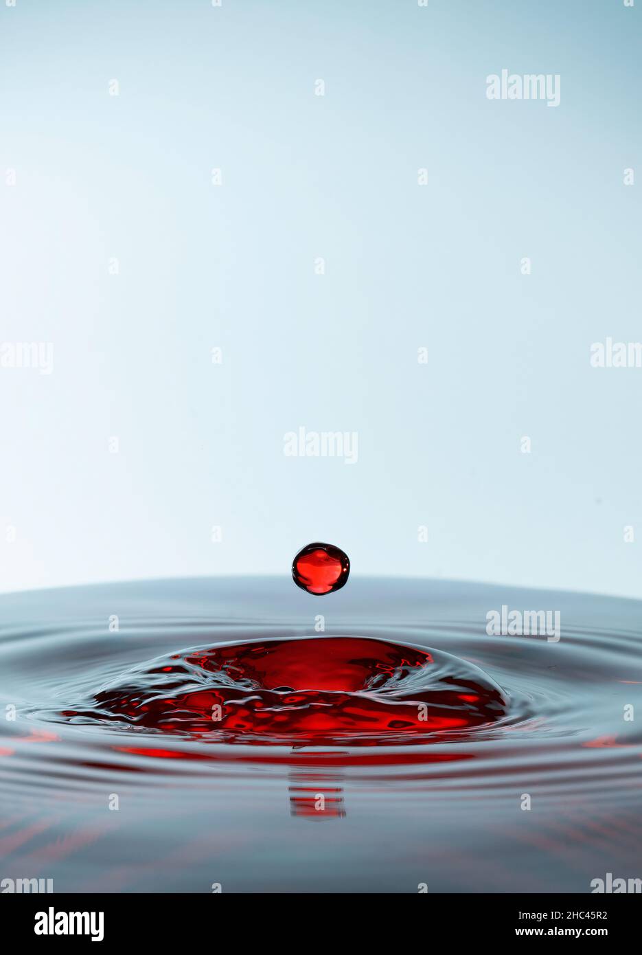 Water drop splash red colored, isolated on white background. Stock Photo