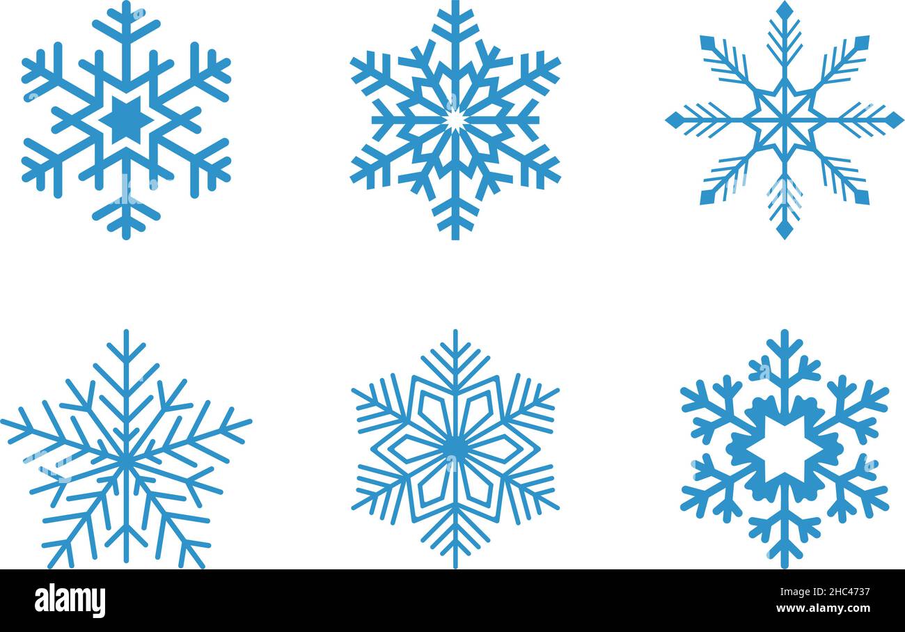 Ice blue frosty abstract snowflake symbols set on white background ...