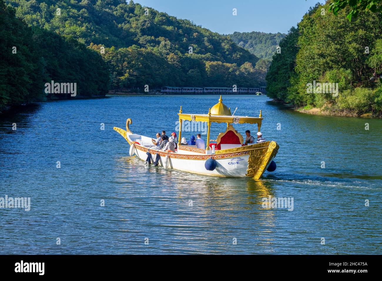 Tourists enjoying a boat tour at the Sile Hidden Lake (saklıgöl) in Istanbul, Turkey. Stock Photo