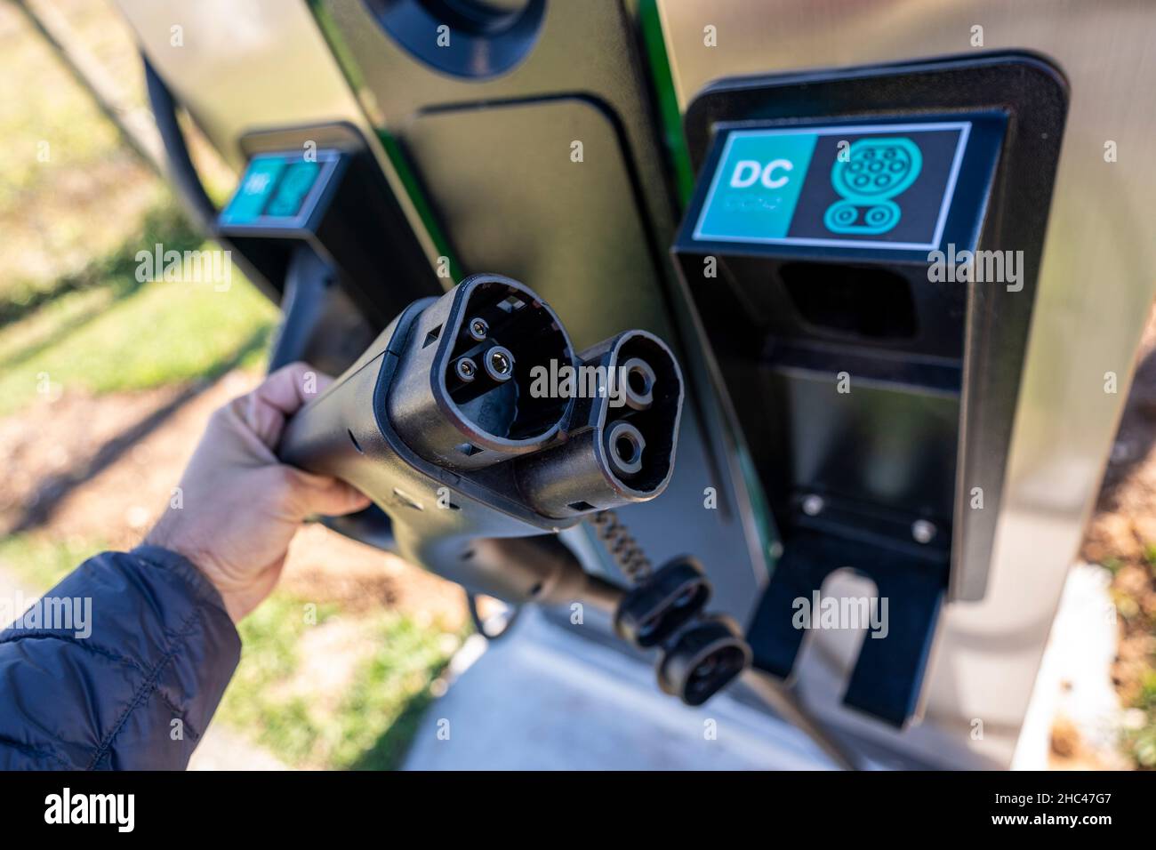 Combined charging system CCS plug on an electric vehicle DC fast