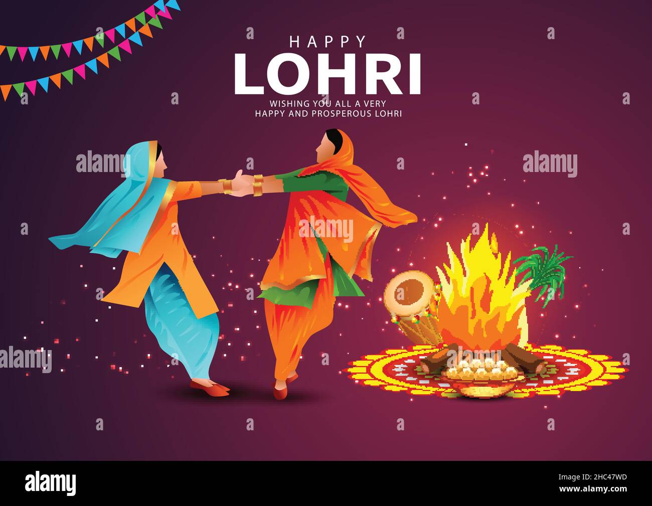 Happy Lohri festival of Punjab Indian harvest background. vector illustration of two girls playing lohri dance. Stock Vector