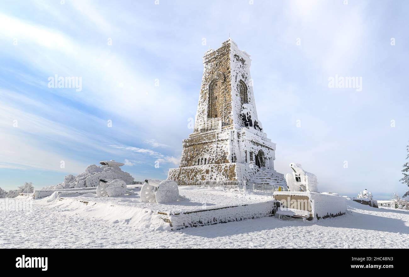 Shipka Monument of The Liberty is a monumental construction, located at Shipka peak in Stara Planina mountain, Bulgaria at winter Stock Photo