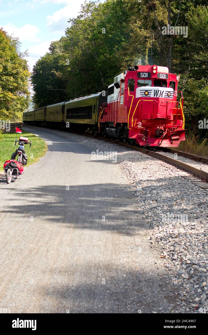Vertical shot of the Western Maryland Railway Train on Great Allegheny Passage Stock Photo
