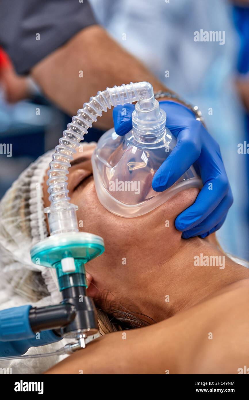 Mechanical ventilation equipment. Pneumonia diagnosting. Ventilation of the lungs with oxygen. COVID-19 and coronavirus identification. Pandemic. Stock Photo