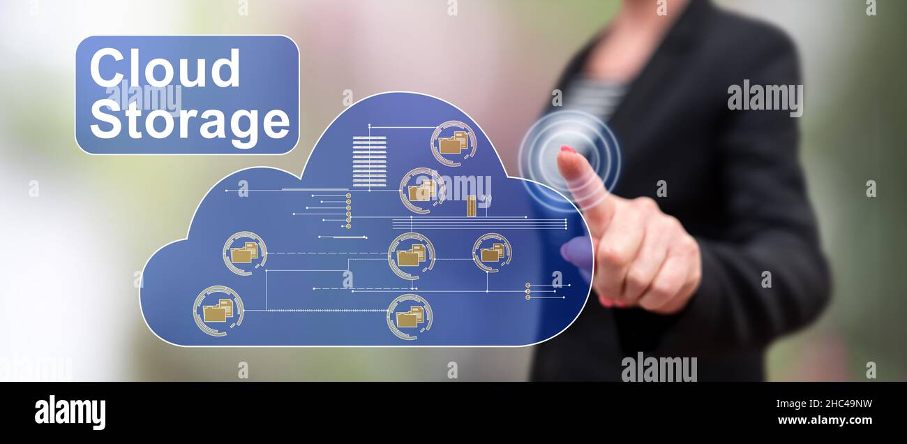 Woman touching a cloud storage concept on a touch screen with her ...