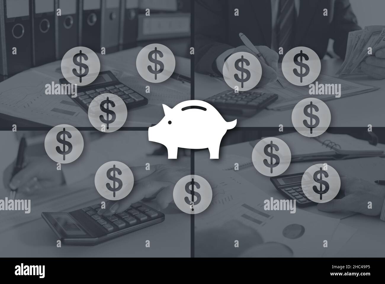 Money saving concept illustrated by pictures on background Stock Photo ...