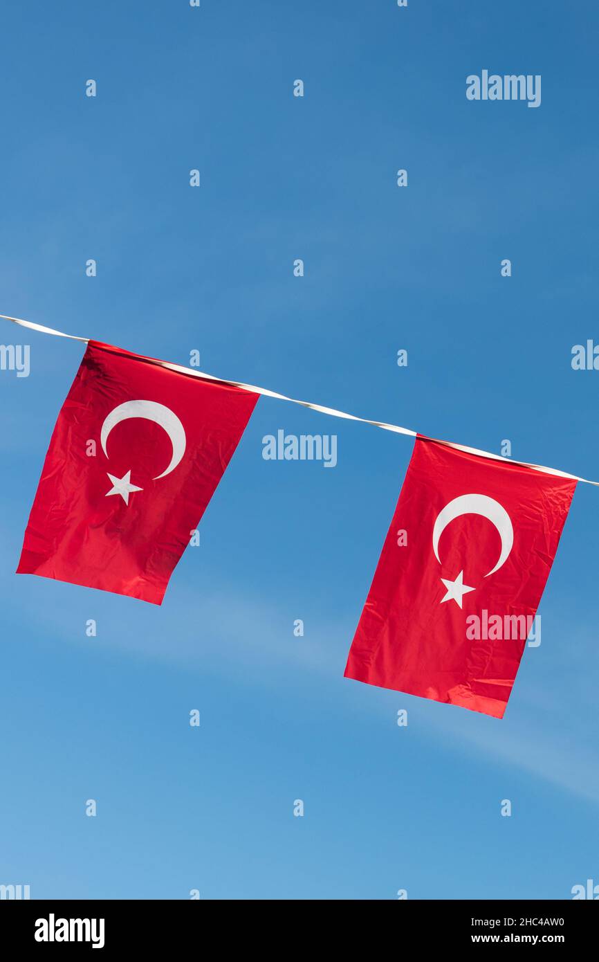 Turkey flags, Turkish flags, blue sky Stock Photo