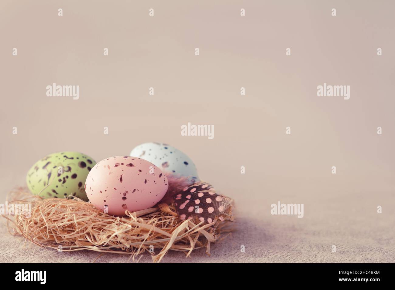 Easter eggs painted in muted colors with a feather on a hay nest against a soft pink background, copyspace for Happy Easter text, retro filter effect. Stock Photo