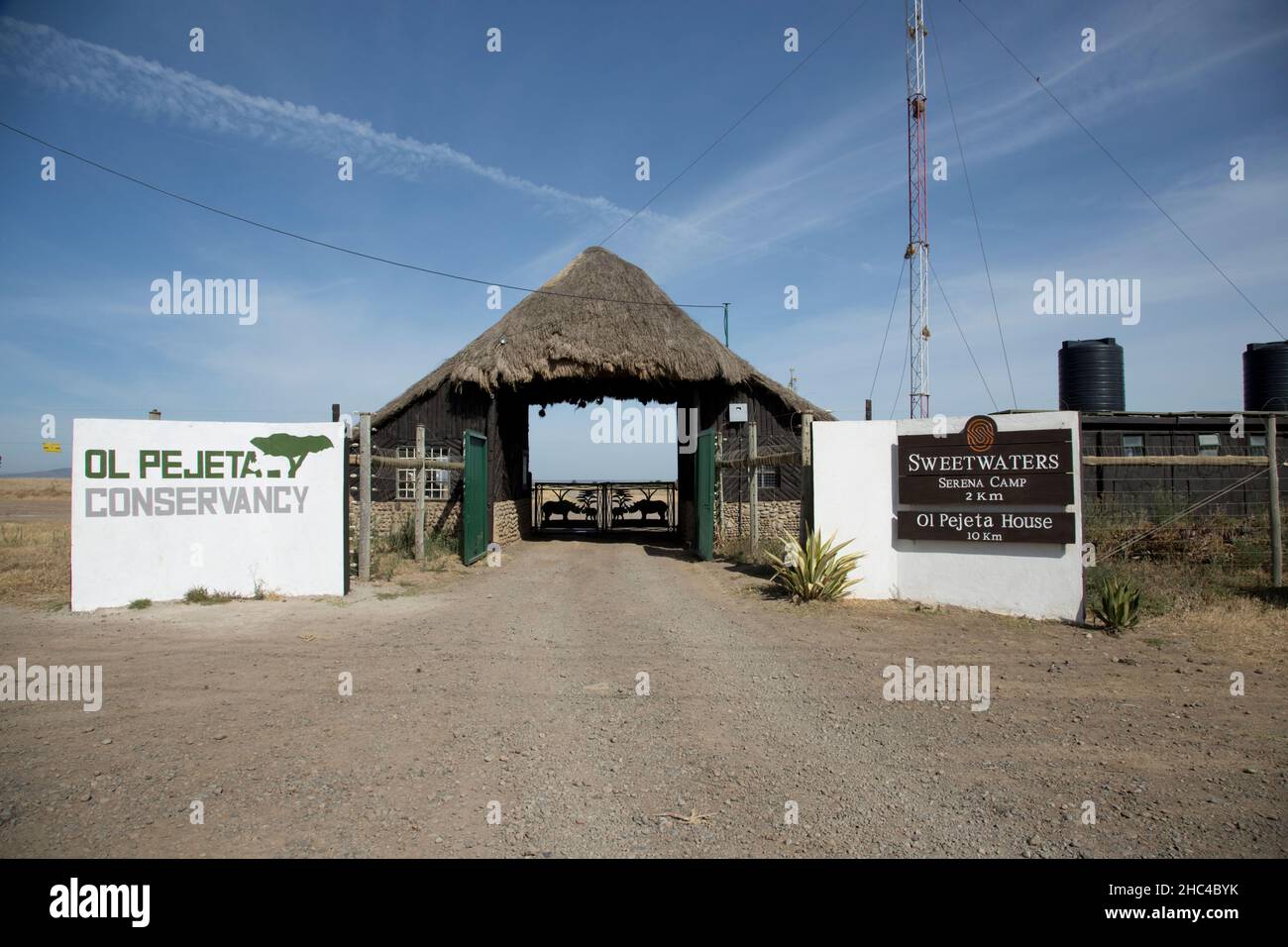Thatched gatehouse entrance to Ol Pejeta Conservancy Kenya Stock Photo