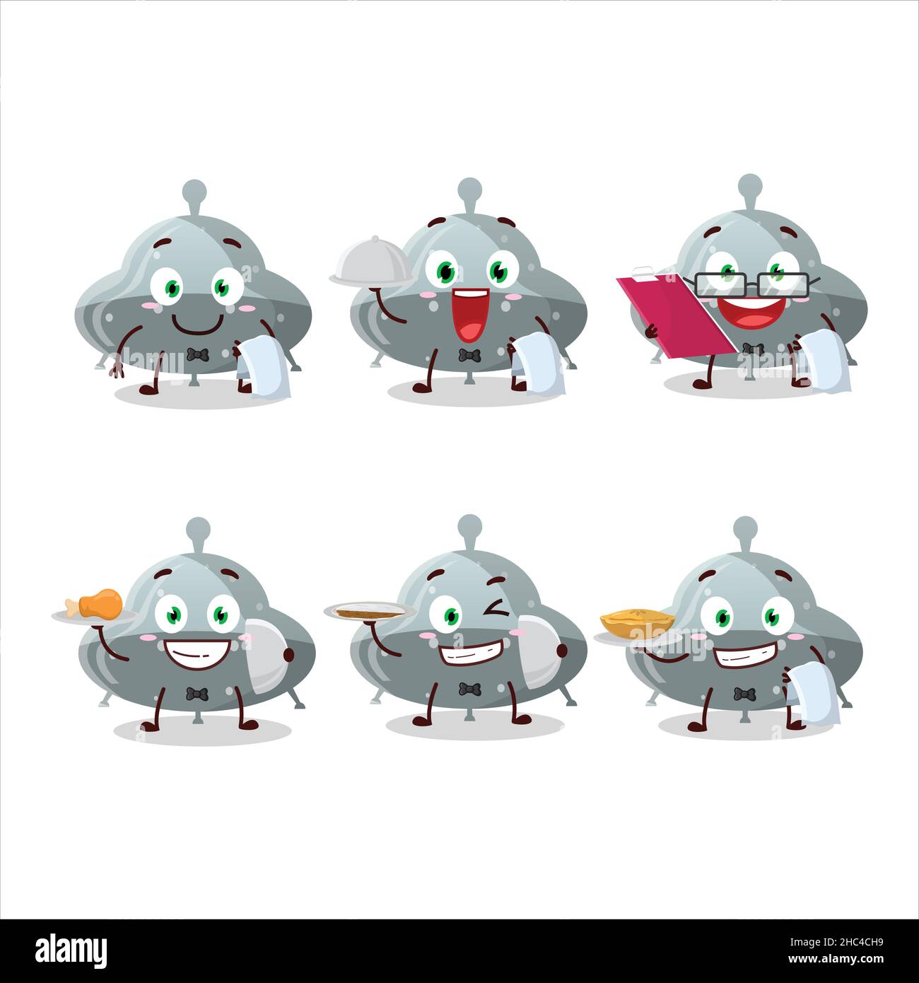 happy UFO gray gummy candy waiter cartoon character holding a plate. Vector illustration Stock Vector